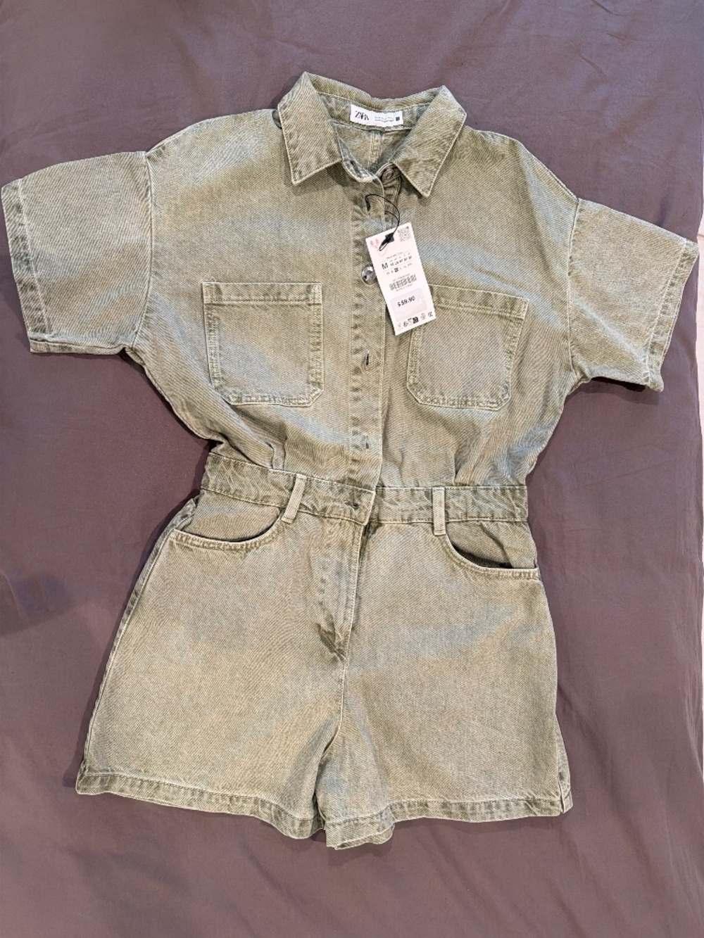 NWT Zara Denim Utility Romper | Sage Green | Size Medium